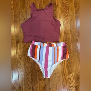 Shein retro tank top high waisted striped multi-colored bikini women size M NWOT